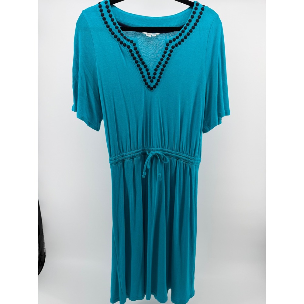 Boden Turquoise Jersey Dress US 6 UK 10 Pom Pom Trim Tie Waist Short Sleeve‎